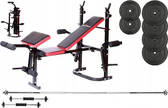Halterbank INC. 50 kg GEWICHTEN - Sportbank - Fitnessbank + halterschijven + 1 halterstang + 2 dumbbells - multifunctioneel - volledig instelbaar - Opklapbaar