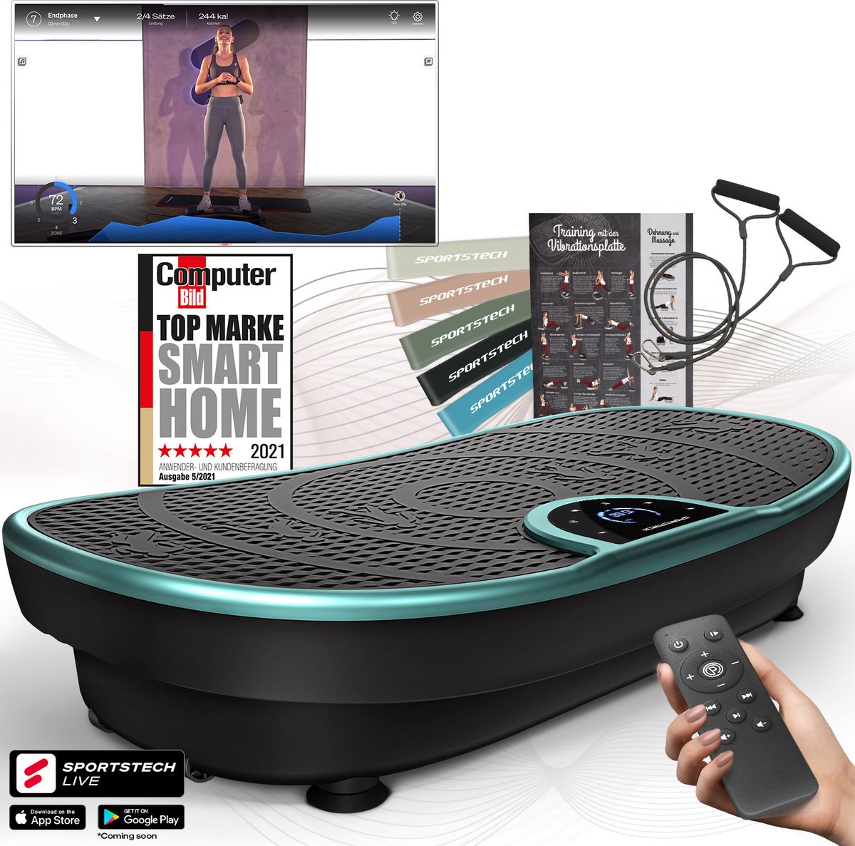 Trilplaat VP250 - 7+1 trainingsprogramma's - yoga-optie - edel design - Bluetooth luidspreker