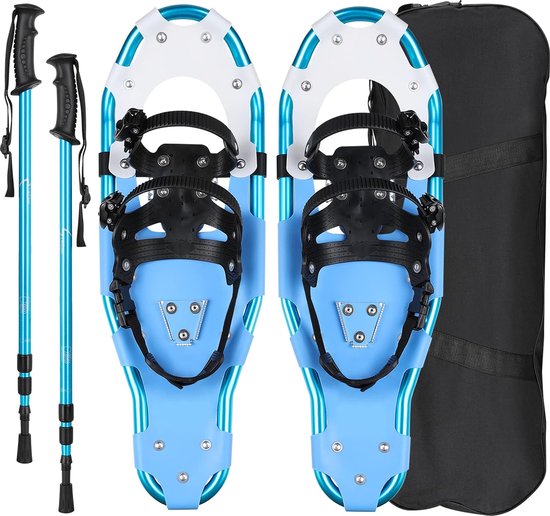 Sneeuwschoenen, aluminium frame met 3-in-1, schoenmaat 38-45 tot 90-110 kg, in grootte verstelbare wandelstokken, berguitrusting, wandelen op sneeuw, antislip sneeuwschoenset met draagtas, voor dames en heren