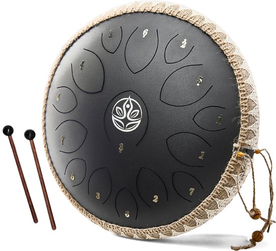 Durani Handpan 36 cm Zwart – Tongue drum – Klankschaal – 15 noten Handpan - Tong Drum - Klankschalen – Yoga Drum – Lotus Tong - Muziekinstrument voor kinderen