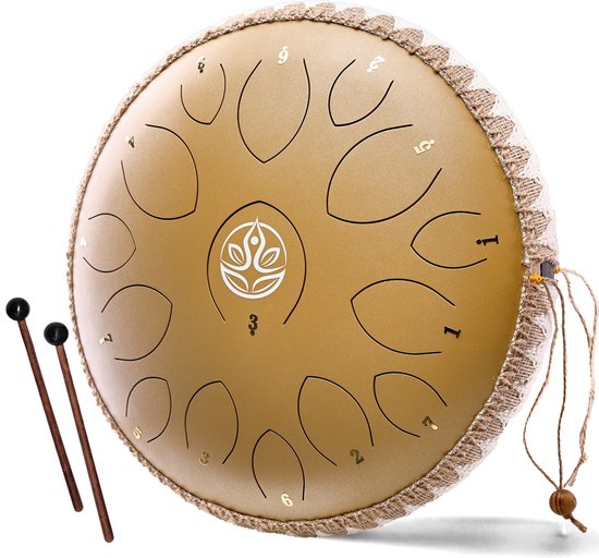 Durani Handpan 36 cm Goud – Tongue drum – Klankschaal – 15 noten Handpan - Tong Drum - Klankschalen – Yoga Drum – Lotus Tong - Steeldrum