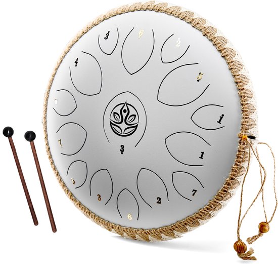 Durani Handpan 36 cm Wit – Tongue drum – Klankschaal – 15 noten - Handpan - Tong Drum - Klankschalen – Yoga Drum – Lotus Tong - Steeldrum