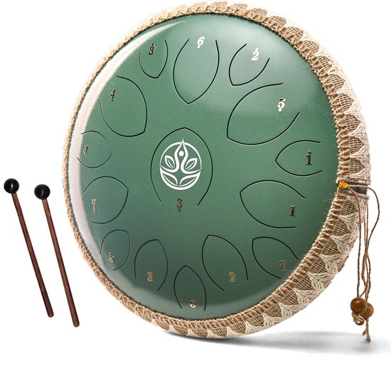 Durani Handpan 36 cm Groen – Tongue drum – Klankschaal – 15 noten - Handpan - Tong Drum - Klankschalen - Yoga Drum – Lotus Tong - Steeldrum - Muziektherapie