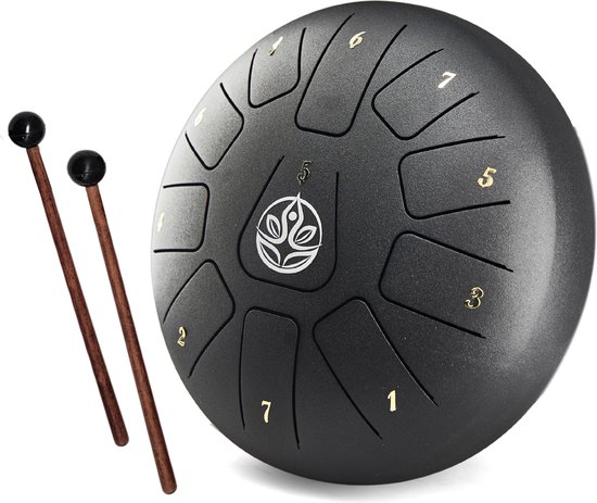 Durani Handpan 20 cm Zwart – Tongue drum – Klankschaal – 11 noten –Hang drum - Yoga Drum – Lotus Tong - Steeldrum