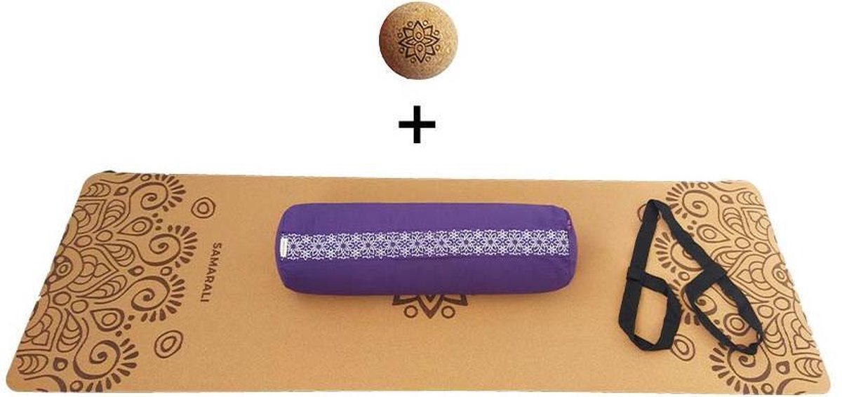 Yin Yoga set – Sun (PURPER)| Kurk yogamat| Yoga Bolster| Kurk massagebal| Draagiem| Ethisch geproduceerd uit natuurlijke materialen