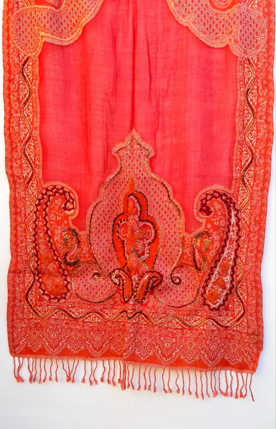Geborduurde wollen dames sjaal in oranjerood- 70 x 180 cm