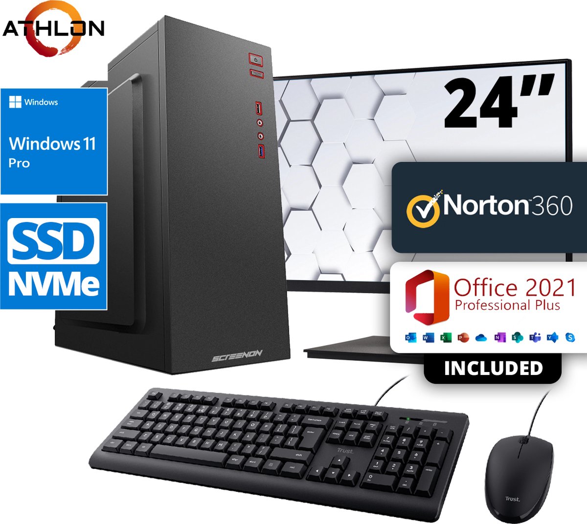 Budget Office PC SET - AMD Ryzen 3 - 120GB M.2 SSD - 8GB RAM - Radeon RX Vega 8 ( 24 Inch Monitor | Muis | Toetsenbord | Inclusief Office Professional Plus 2021 ) + WiFi & Bluetooth