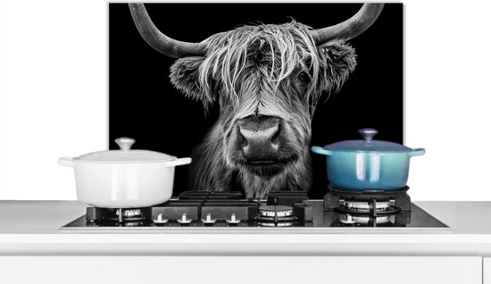 Spatscherm Keuken - Kookplaat Achterwand - Spatwand Fornuis - 70x50 cm - Schotse Hooglander - Horens - Zwart - Wit - Koe - Wild - Dieren - Aluminium - Wanddecoratie - Muurbeschermer - Hittebestendig