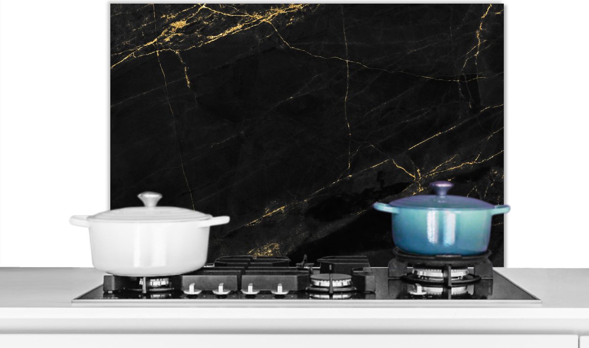 Spatscherm Keuken - Kookplaat Achterwand - Spatwand Fornuis - 80x55 cm - Marmer look - Luxe - Zwart - Goud - Aluminium - Wanddecoratie - Muurbeschermer - Hittebestendig
