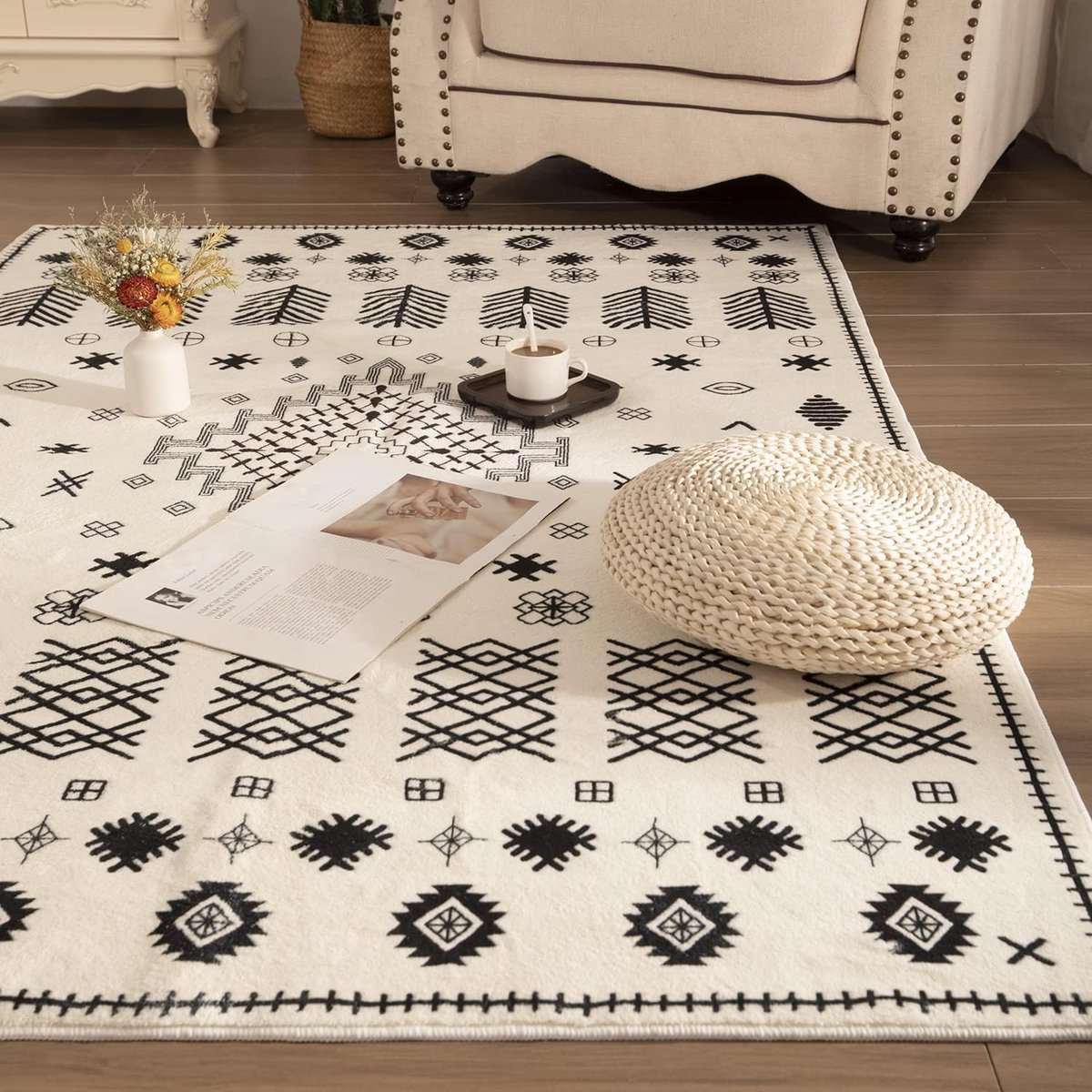 Boheemse stijl vervaagt pluisvrij woonkamer slaapkamer eetkamer thuis kantoor - 154 x 244 cm, kunstwol zwart/wit
