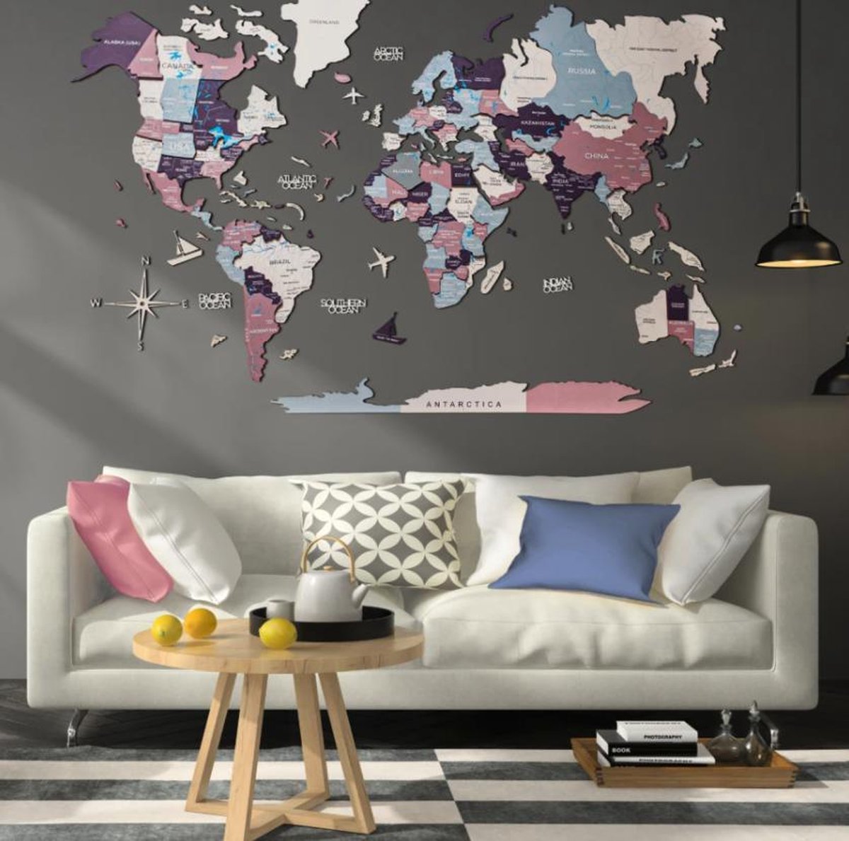 Houten Wereldkaart 3D - Berry - L (150 x 90 cm)