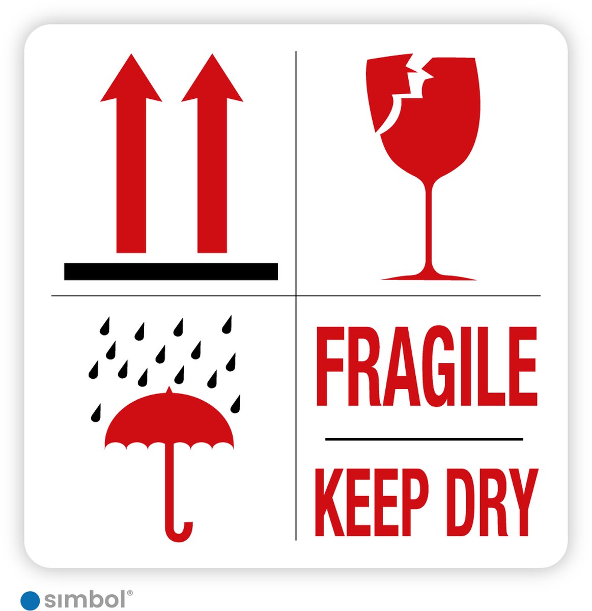 Simbol® - Stickers op Rol Fragile Keep Dry - Formaat 4 x 4 cm.