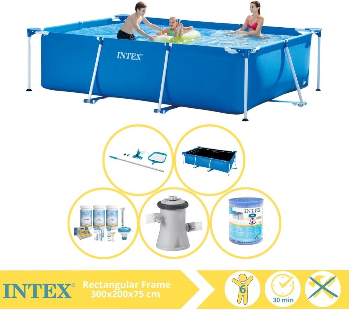 Intex Rectangular Frame Zwembad - Opzetzwembad - 300x200x75 cm - Inclusief Solarzeil Pro, Onderhoudspakket, Zwembadpomp, Filter en Onderhoudsset