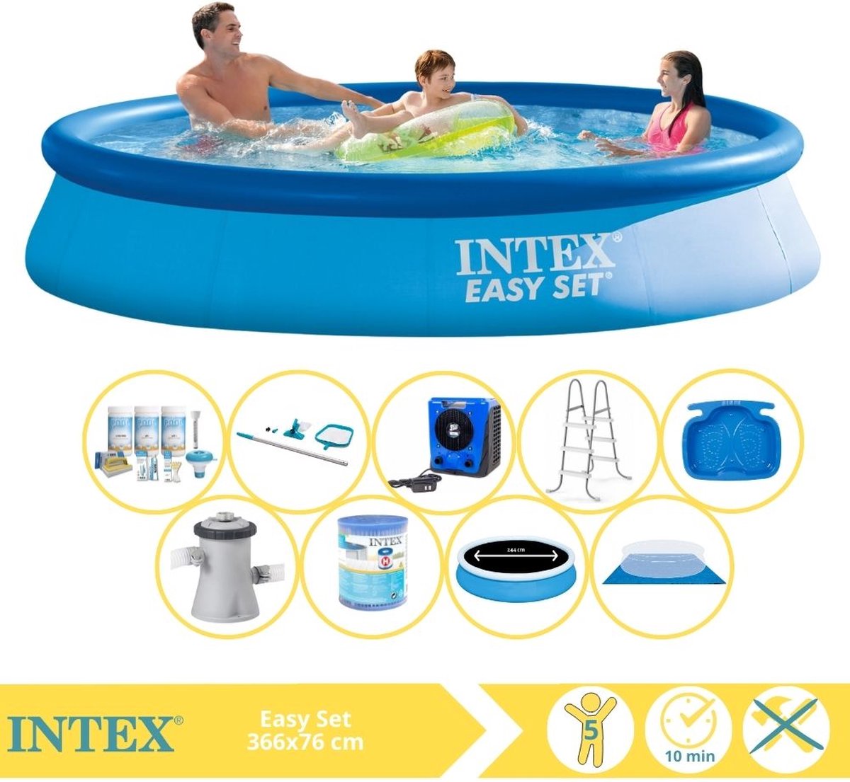 Intex Easy Set Zwembad - Opblaaszwembad - 366x76 cm - Inclusief Solarzeil Pro, Onderhoudspakket, Zwembadpomp, Filter, Grondzeil, Onderhoudsset, Trap, Voetenbad en Warmtepomp HS