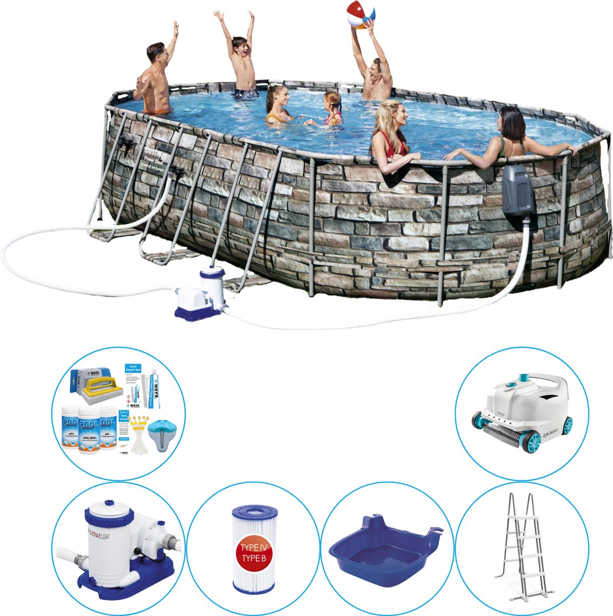 Power Steel Ovaal STONE SPA JETS 610x366x122 cm - Zwembad Super Deal