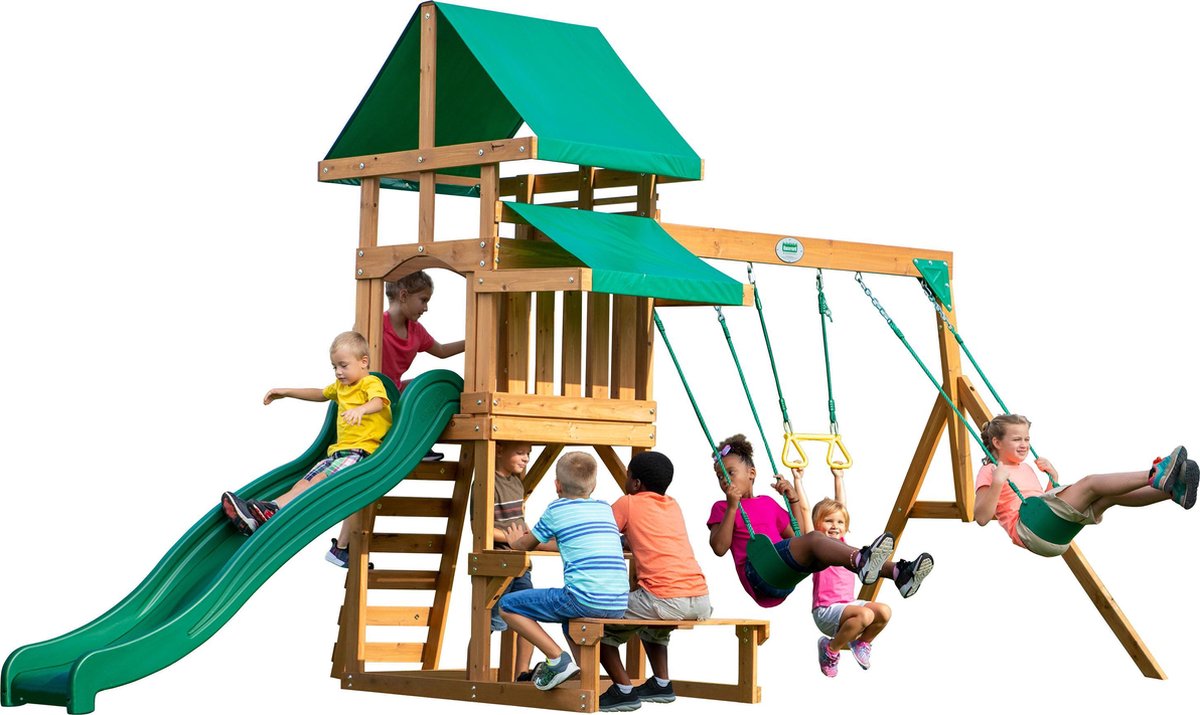 Backyard Discovery Belmont Speeltoestel - Speeltoren met Schommels, Glijbaan, Zandbak en Picknicktafel - Speelhuis met verdieping van hout voor de tuin / buiten