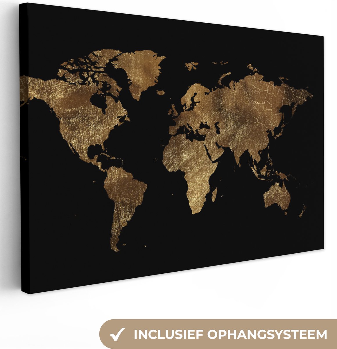 Canvas Wereldkaart - 180x120 - Wanddecoratie Wereldkaart - Goud - Luxe - Aarde - Zwart