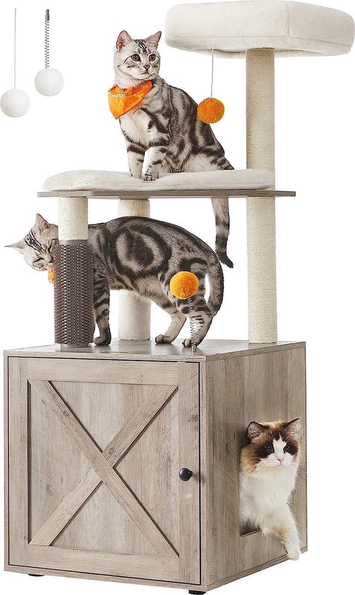 Krabpaal, Met Kattenbakkast, 2-İn-1 Moderne Kattenboom, 134 Cm, Met Roomer, Krabzuilen, Platform, Wasbare Kussens, Greige