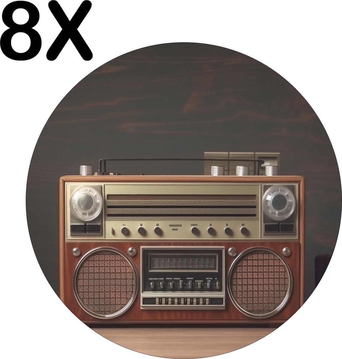 BWK Stevige Ronde Placemat - Vintage Radio met Donkere Achtergrond - Set van 8 Placemats - 50x50 cm - 1 mm dik Polystyreen - Afneembaar