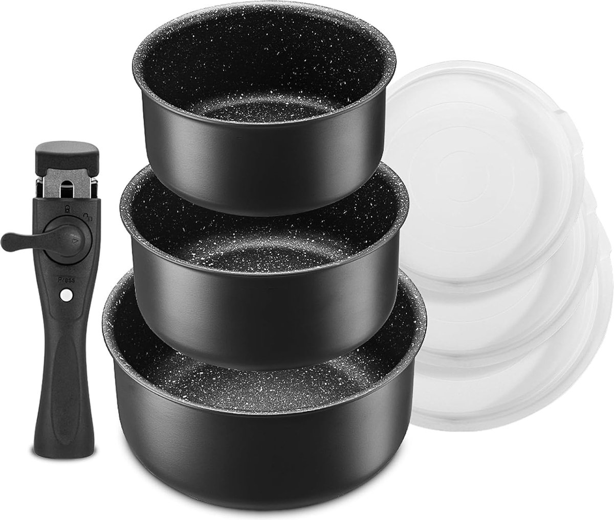 Kookpottenset 7 stuks 16 + 18 + 20 cm 1 verwijderbaar handvat en 3 PE-afdichtingsdeksels Inductie stoofpot Melkpan voor alle kookplaten Antiaanbaklaag Ovenbestendig