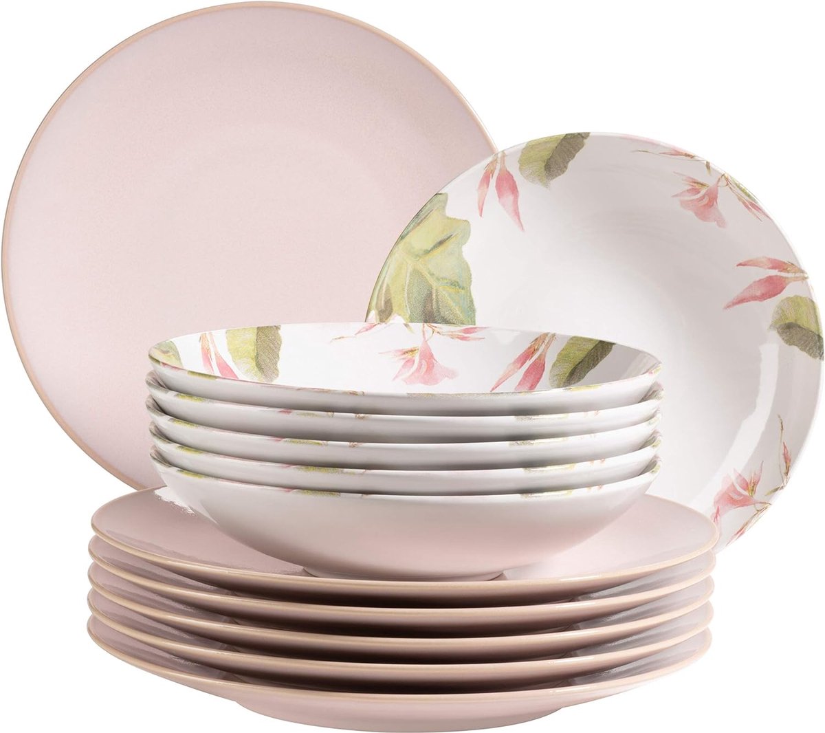 Ossia Aguarela, Servies voor 6 personen in een gedeeltelijk gedecoreerde vintage look, 12-delige dinerservice bestaande uit 6x roze dinerborden en 6x soepborden met bloemendecoratie, exotisch.