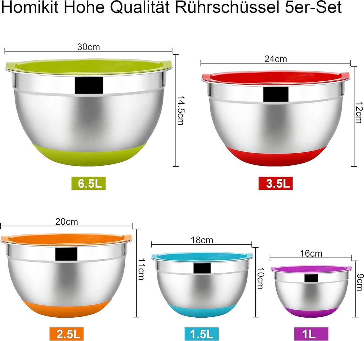 Mengkomset, 5-delige roestvrijstalen kom, slakom, set met deksel en siliconen bodem voor de keuken, multifunctioneel, stapelbaar, vaatwasmachinebestendig, 6,6 l / 3,5 l / 2,5 l / 1,5 l / 1 l