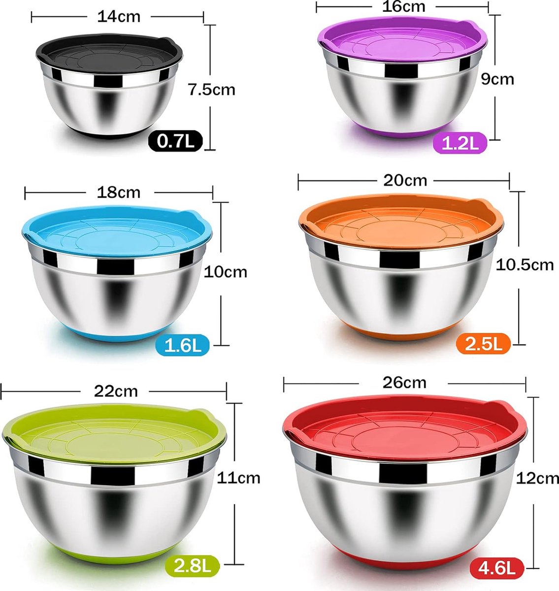 Set van 6 mengkom, roestvrijstalen kom, slakom, set van 6 met luchtdicht deksel en siliconen bodem, stapelbaar, vaatwasmachinebestendig, 4,6 l / 2,8 l / 2,5 l / 1,6 l / 1,5 l / 0,7 l