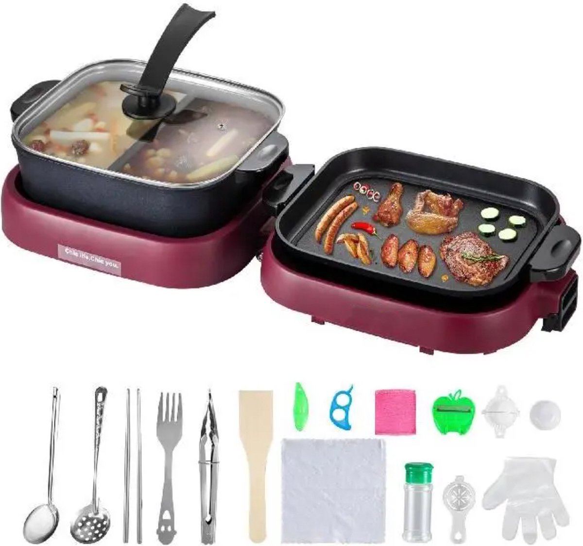 Happyment Hotpot Electrisch - Chinese Fondue - Hotpot Pan - Kookpot - 2 Vaks - Inclusief Grill