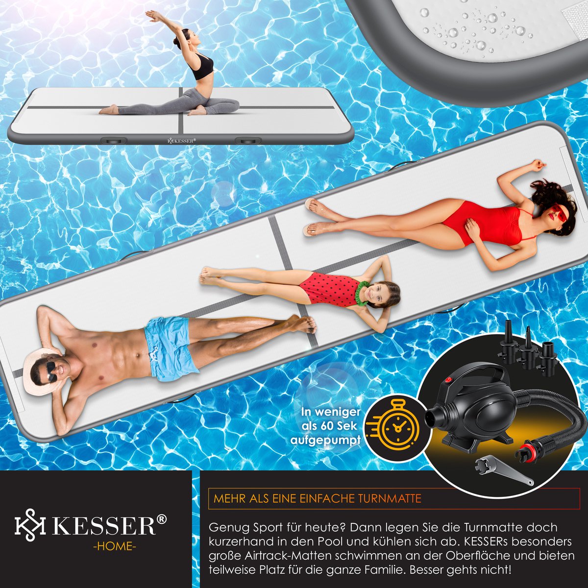 KESSER® Gymnastiekmat Opblaasbare Airtrack Fitnessmat|Yogamat,Tumblingmatten,Trainingsmat,Sportmat |Sporten & Spelen|Buiten & Binnen|incl. Draagtas & Electr. Luchtpomp - Antraciet / 5M