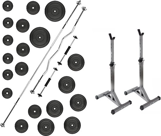 Halterset  Gewichtenset Fitness Dumbell  inc 72.5 kg Halterschijven + 2 Dumbellstangen 45cm + Halterstang Recht 180cm + Curl Stang 120cm