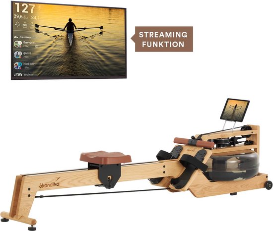 Skandika Styrke Roeitrainer - Roeitrainers - Roeiapparaat Fitness - Echt essenhouten waterroeier & regelbare waterweerstand, waterroeiapparaat voor thuis, gebruiker tot 200 cm/180 kg - 211 x 54 x 68 cm (LxBxH) - Made in Germany - klassiek hout/bruin