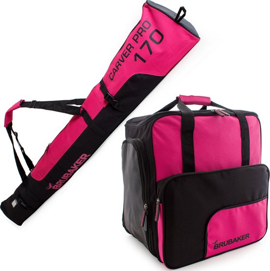 BRUBAKER combi set Carver PRO - Limited Edition - Skitas en Skischoenen Tas voor 1 paar ski's 170 cm of 190 cm + stokken + schoenen + helm roze zwart