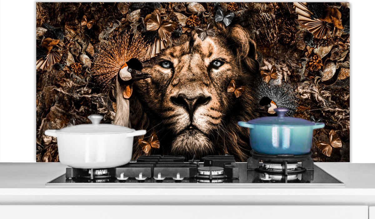 Spatscherm Keuken - Kookplaat Achterwand - Spatwand Fornuis - 120x60 cm - Dieren - Vlinder - Leeuw - Aluminium - Wanddecoratie - Muurbeschermer - Hittebestendig