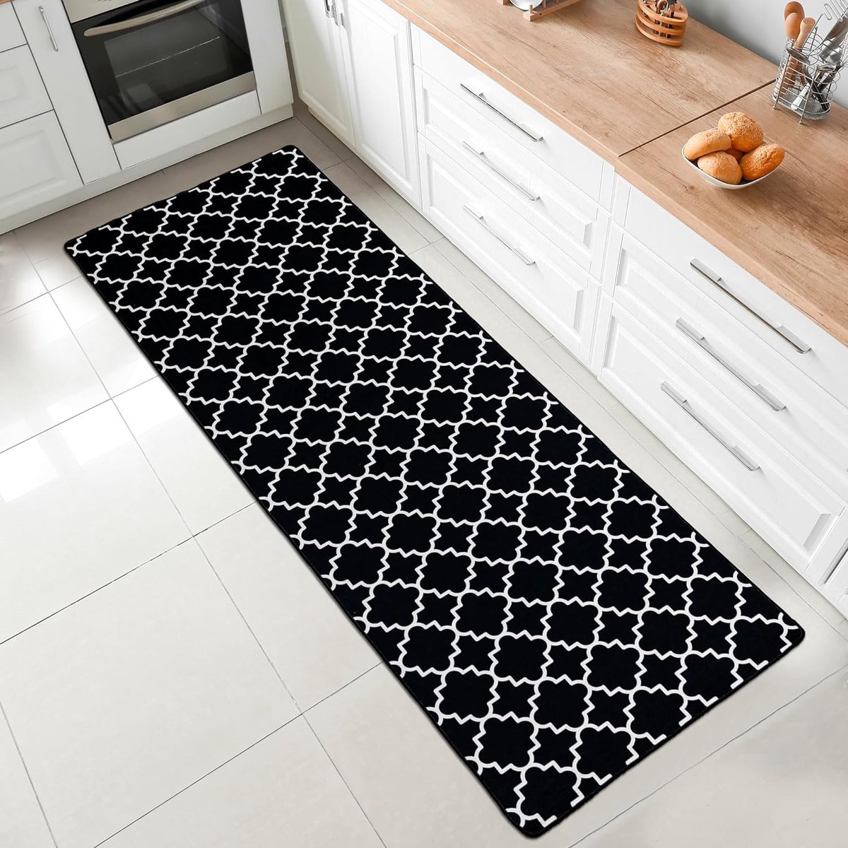 Vloerkleed voor de woonkamer, laagpolig, modern, geometrisch, antislip, voor de gang, tapijt, gel, loper, zwart en wit (zwart, 80 x 300 cm)