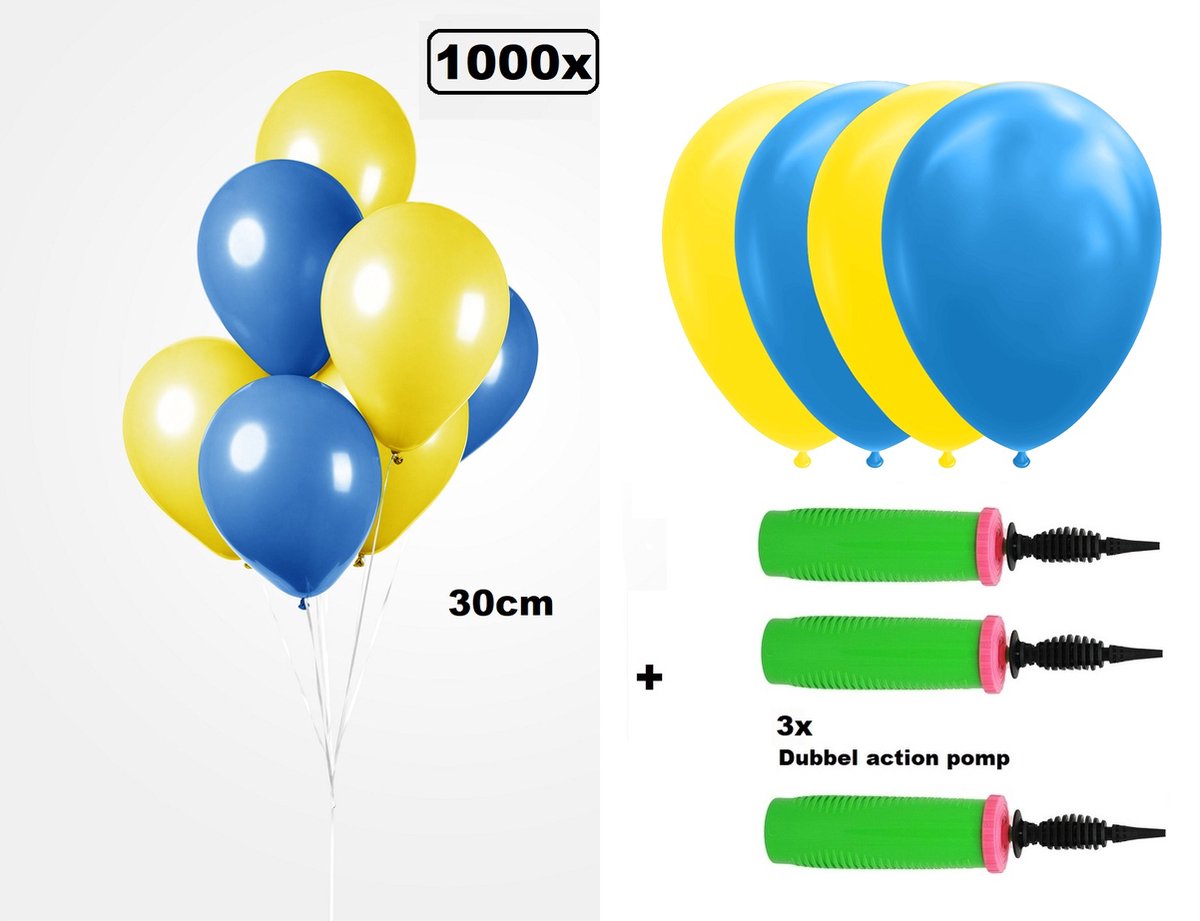 1000x Luxe Ballon blauw/geel 30cm + 3x dubbel actie pomp - biologisch afbreekbaar - Carnaval Festival feest party verjaardag landen helium lucht thema