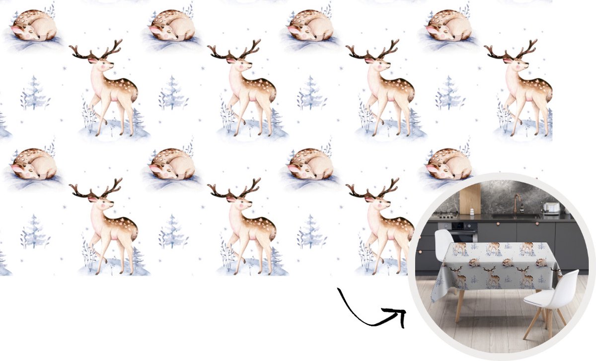 Tafelkleed - Tafellaken - 300x150 cm - Winter - Hert - Patroon - Wit - Binnen en Buiten