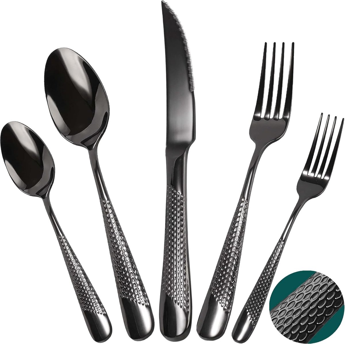 Zwarte Premium Bestekset voor 6 Personen, 30-Delig Uniek Gehamerd Roestvrij Stalen Bestekset met Steakmessen, Tafelvorken, Saladevorken, Tafellepels, Dessertlepels, Vaatwasmachinebestendig.