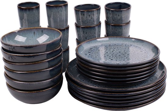 Amadora serviesset 6 persoons - 30 delig - Portugees aardewerk - blauw met aqua look - Kade 171 - duurzaam eerlijk uniek