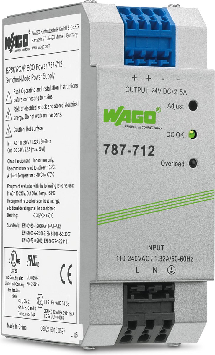 WAGO EPSITRON® ECO POWER 787-712 DIN-rail netvoeding 24 V/DC 2.5 A 60 W Aantal uitgangen: 1 x Inhoud: 1 stuk(s)