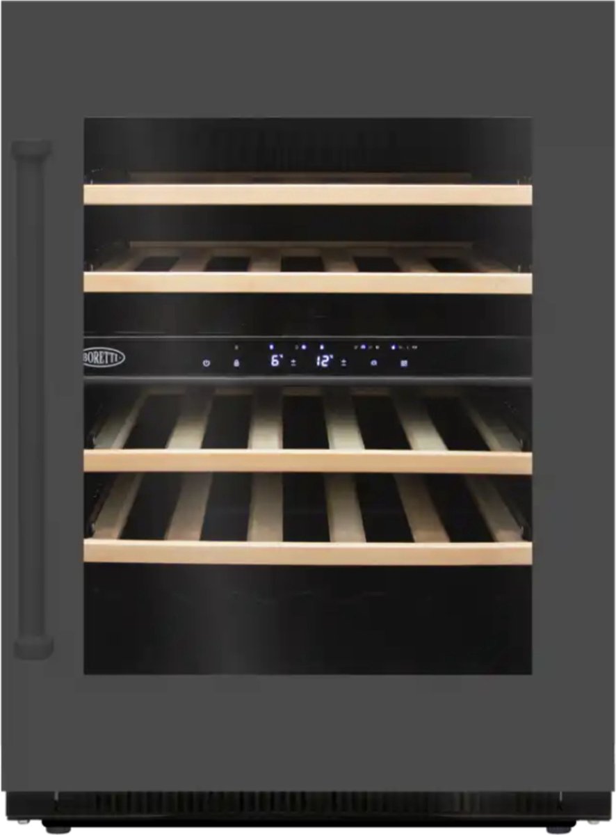 Boretti MLWC82GRAN Wijnklimaatkast inbouw 82cm onderbouw, 2 temperatuurzones, Deurhoogte 780mm met greep, Antraciet glas