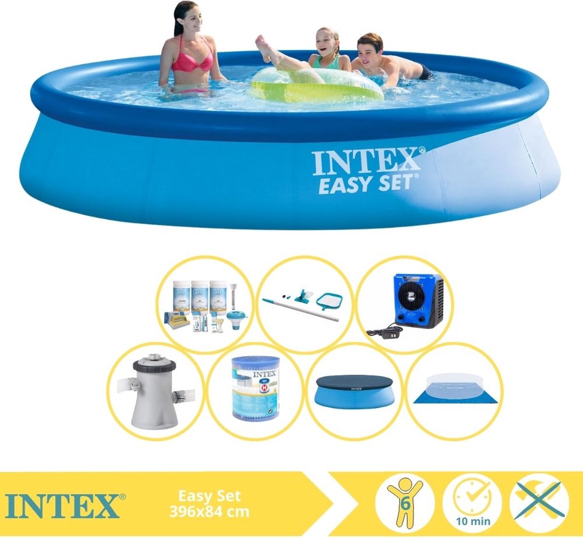 Intex Easy Set Zwembad - Opblaaszwembad - 396x84 cm - Inclusief Afdekzeil, Onderhoudspakket, Filter, Grondzeil, Onderhoudsset en Warmtepomp HS