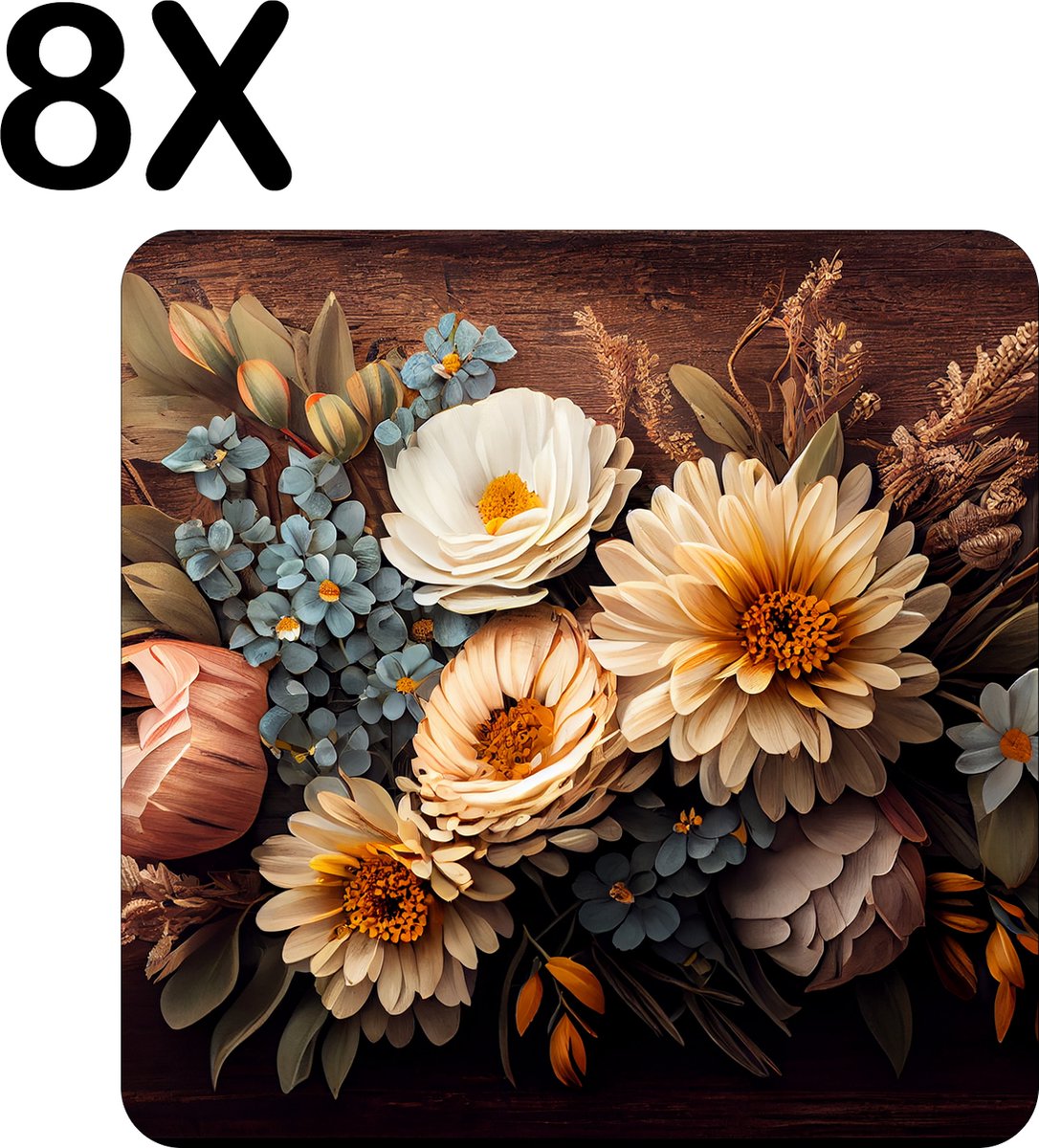BWK Luxe Placemat - Mooie Artistieke Bloemen - Set van 8 Placemats - 50x50 cm - 2 mm dik Vinyl - Anti Slip - Afneembaar