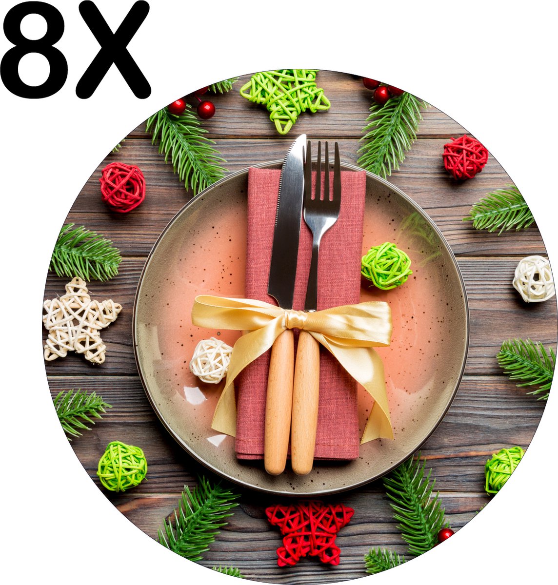 BWK Luxe Ronde Placemat - Kerst Diner Gedekte Tafel - Set van 8 Placemats - 50x50 cm - 2 mm dik Vinyl - Anti Slip - Afneembaar