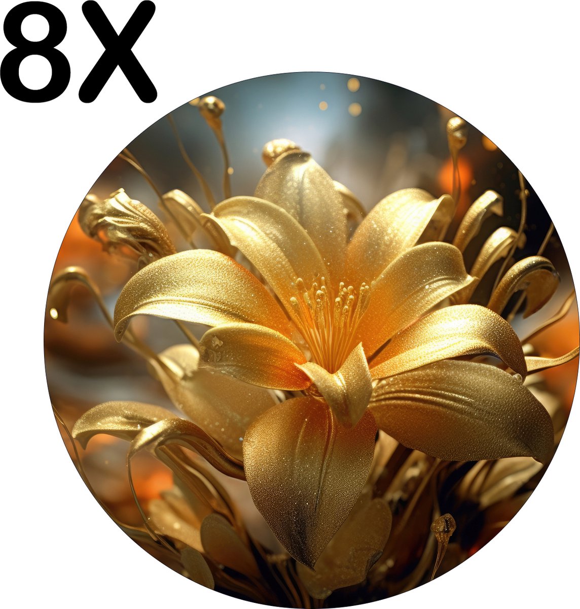 BWK Luxe Ronde Placemat - Goud - Bloem - in Bloei - Artistiek - Set van 8 Placemats - 50x50 cm - 2 mm dik Vinyl - Anti Slip - Afneembaar
