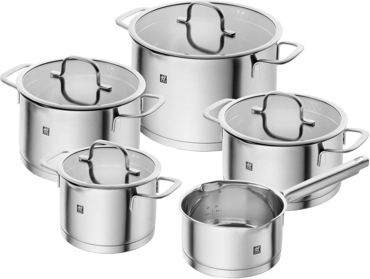 5-delige kookpotset, roestvrij staal, met schenkfunctie, geschikt voor inductie, zilver