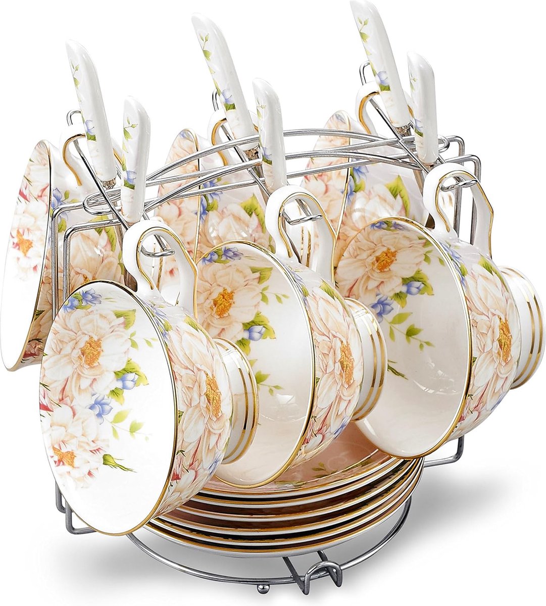 Cups & Schotels Sets met lepels en mok houder, Champagne Rose op roze patroon bot China 19-delige set keramische thee koffie kopje theekopjes porselein bloemen Ceremic mokken, serveren voor 6