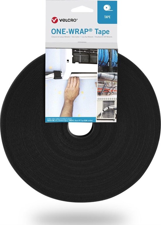 Velcro One-Wrap klittenband rol 16mm / zwart (25 meter)
