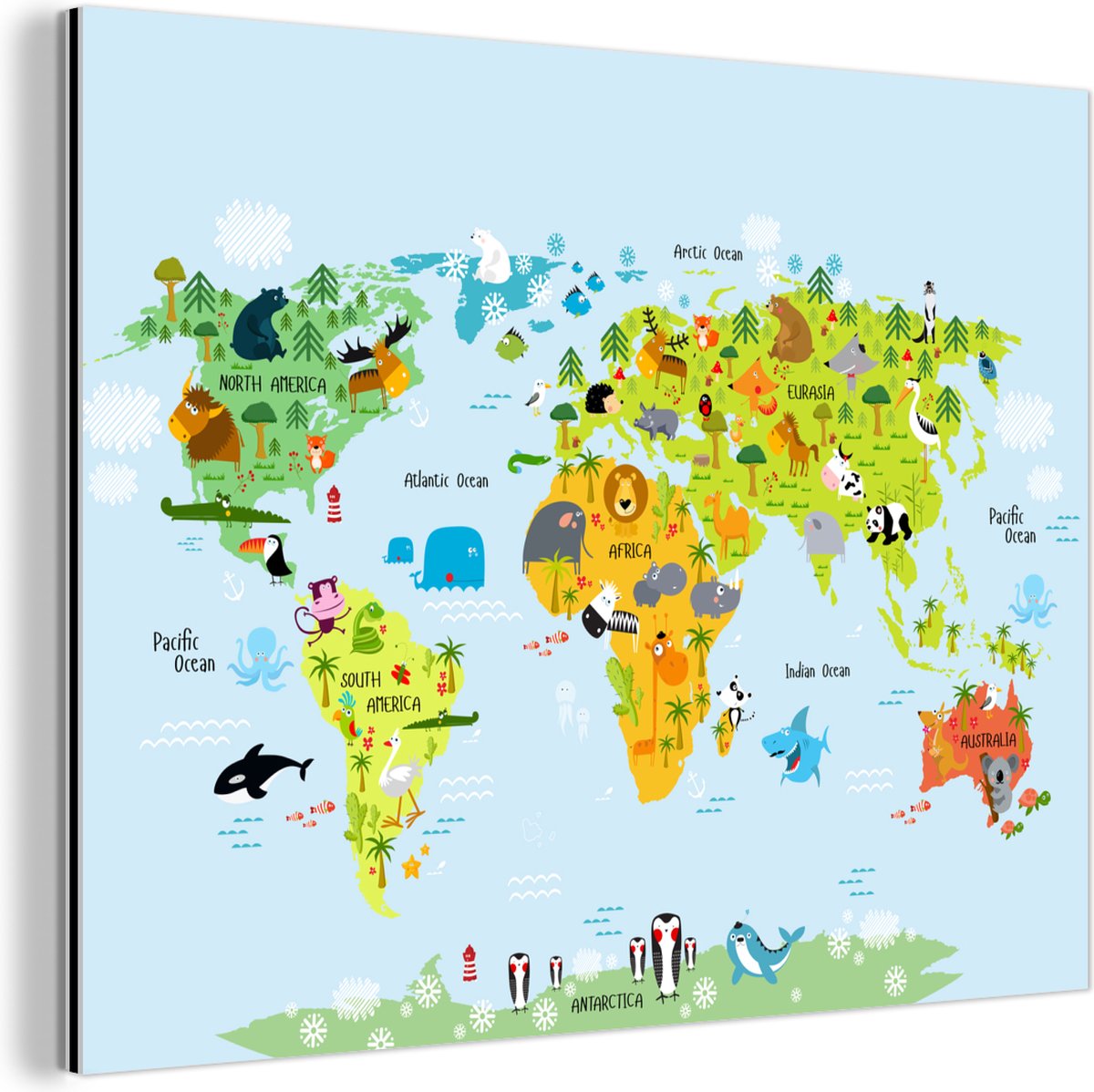 Wanddecoratie Metaal - Aluminium Schilderij Industrieel - Wereldkaart kinderen - Illustraties - Kleuren - 160x120 cm - Dibond - Foto op aluminium - Industriële muurdecoratie - Voor de woonkamer/slaapkamer