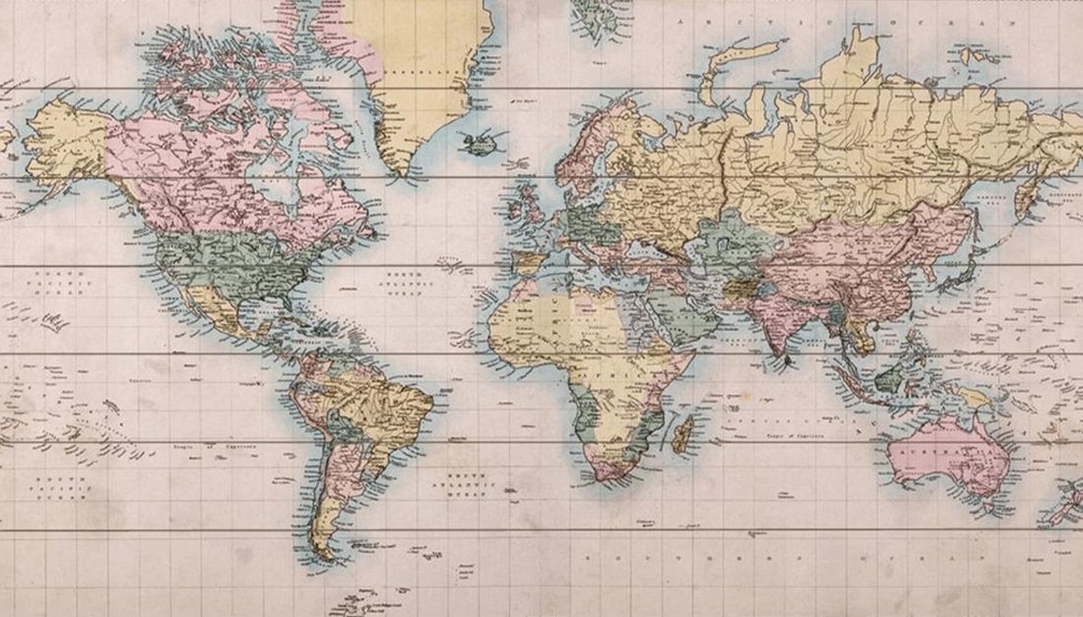 Wereldkaart op Hout Antiek | 124 x 70cm | Gratis 100 koperen pins en ophangsysteem