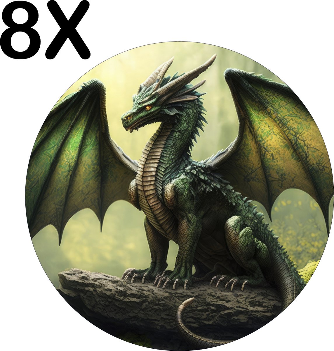 BWK Luxe Ronde Placemat - Groene Draak op een Steen in het Bos - Set van 8 Placemats - 50x50 cm - 2 mm dik Vinyl - Anti Slip - Afneembaar